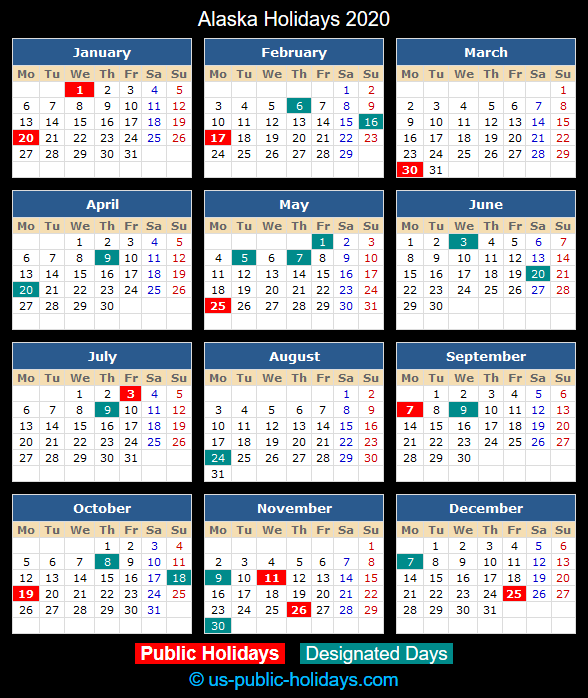 Alaska Holiday Calendar 2020